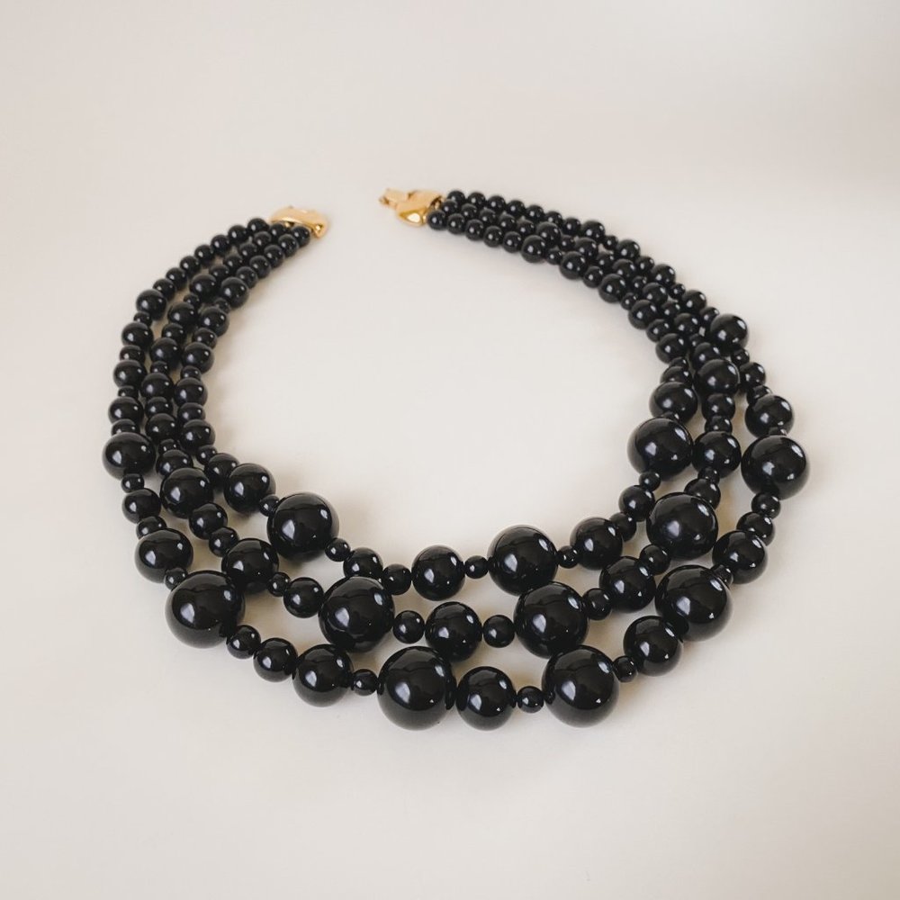 Vintage Monet Black Ball Round Beaded Multi Strand Statement Bib Necklace - Picture 3 of 12